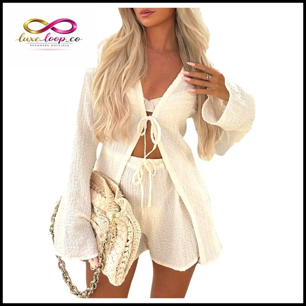 Long Sleeve Tie Front‎ Top with High Waisted Shorts 2-Piece Set